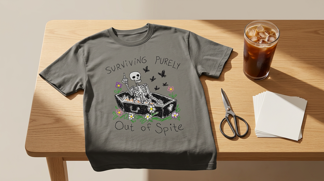 A workspace showing a blank oversized t-shirt, a coffee cup, and crafting tools ready for a funny skeleton PNG design