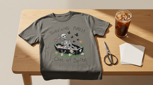 A workspace showing a blank oversized t-shirt, a coffee cup, and crafting tools ready for a funny skeleton PNG design