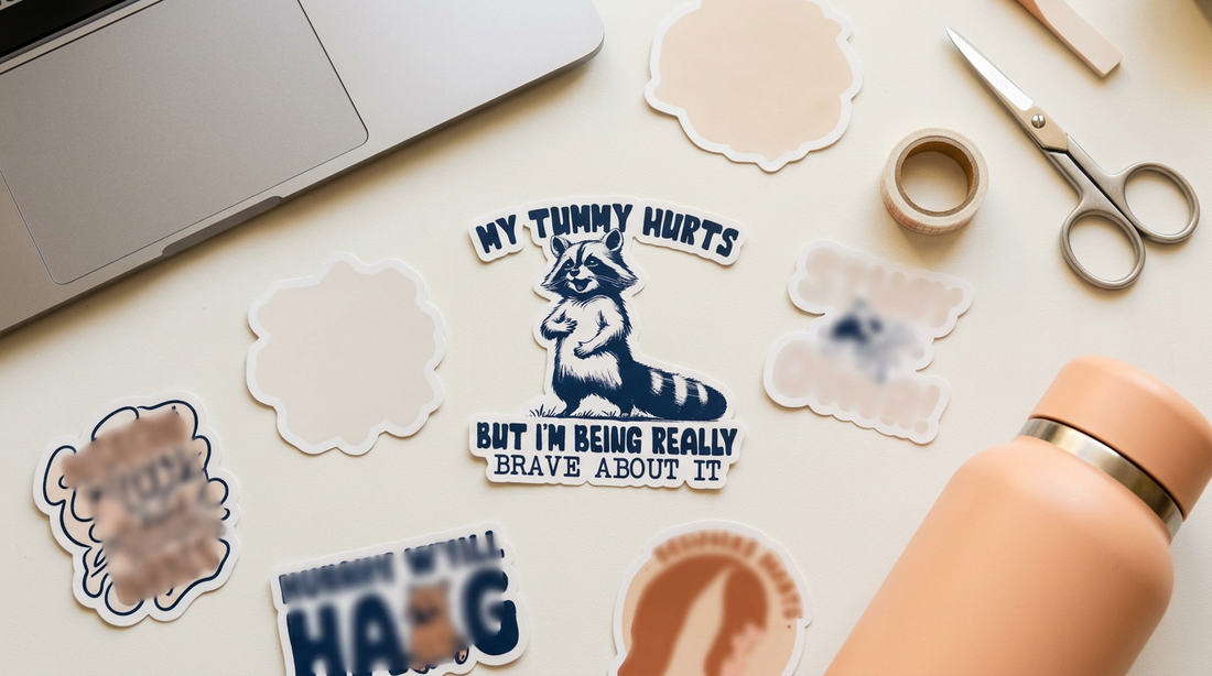 A collection of funny and sarcastic die-cut stickers arranged on a clean workspace next to a laptop and water bottle.