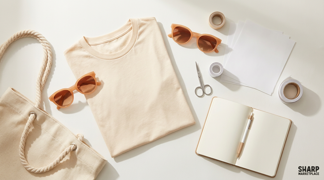 Flat lay of a summer vacation t-shirt next to sunglasses, a canvas beach bag, and crafting supplies on a light background.