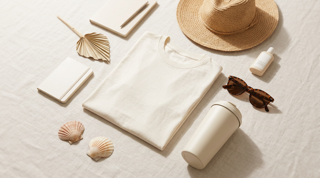 Flat lay of a blank summer t-shirt, sunglasses, and crafting tools on a bright background for POD sellers.