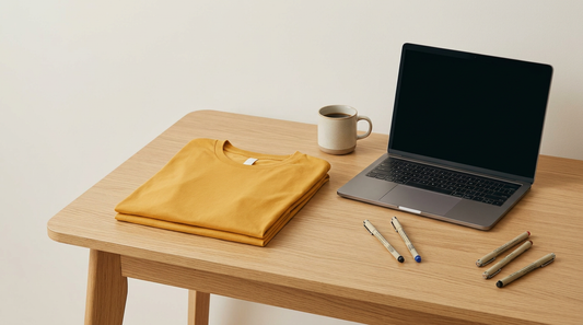 A clean workspace featuring a blank mustard yellow t-shirt, a laptop, and grading pens, preparing for back-to-school
