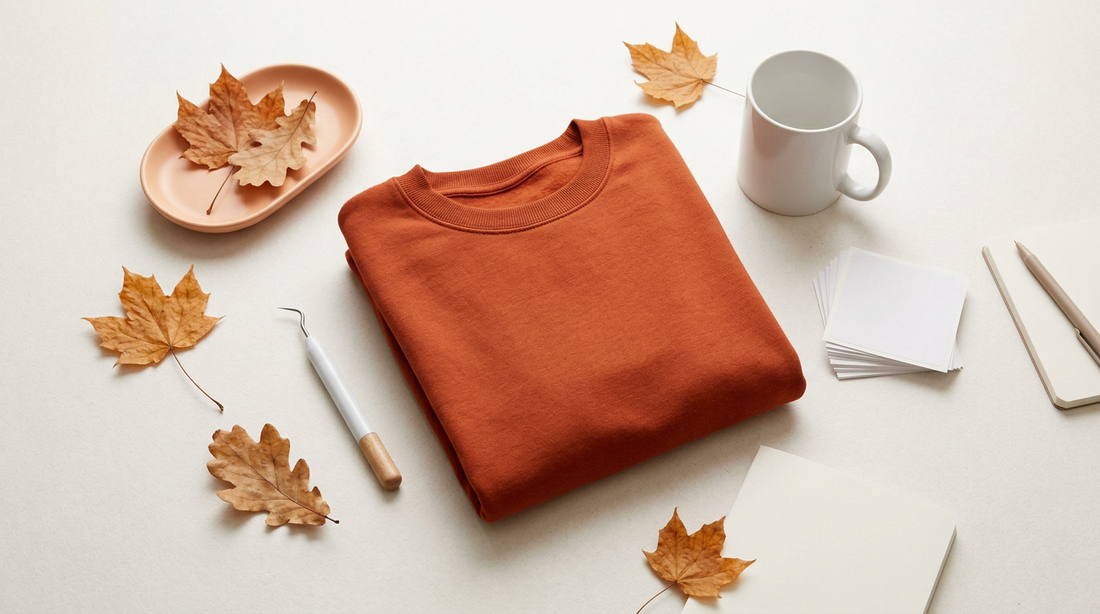 A cozy autumn workspace featuring a blank burnt orange sweatshirt, a sublimation coffee mug, and scattered fall leaves on a
