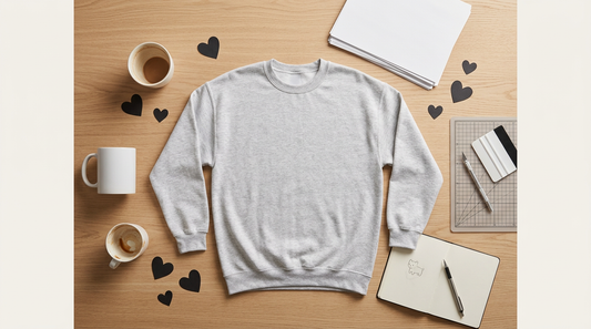 A blank oversized ash gray crewneck sweatshirt laid flat on a light oak table with anti-Valentine props.
