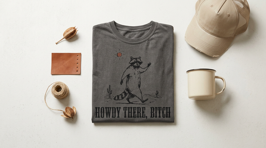 A folded vintage wash t-shirt and a rustic enamel camp mug on a clean workspace with western crafting props.