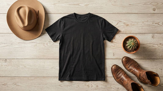 A flat lay of a vintage black t-shirt surrounded by western accessories like a cowboy hat and boots, ready for a funny