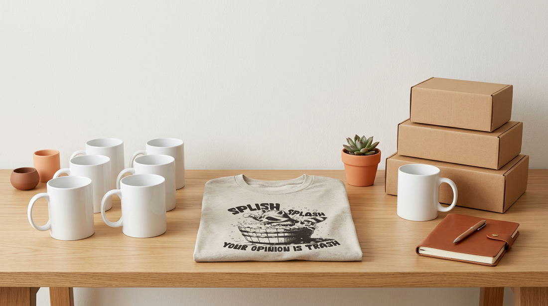 Blank white coffee mugs and a folded t-shirt on a clean workspace surrounded by holiday shipping boxes and crafting tools.
