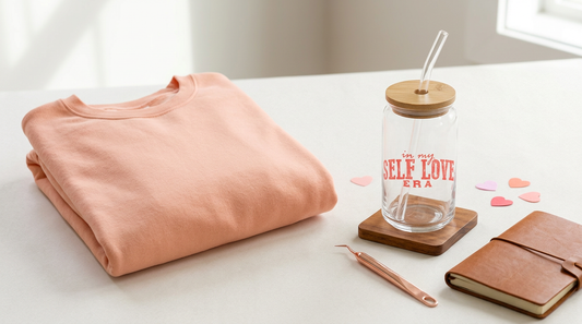 Trendy Galentine's Day apparel and drinkware mockups on a clean neutral workspace.