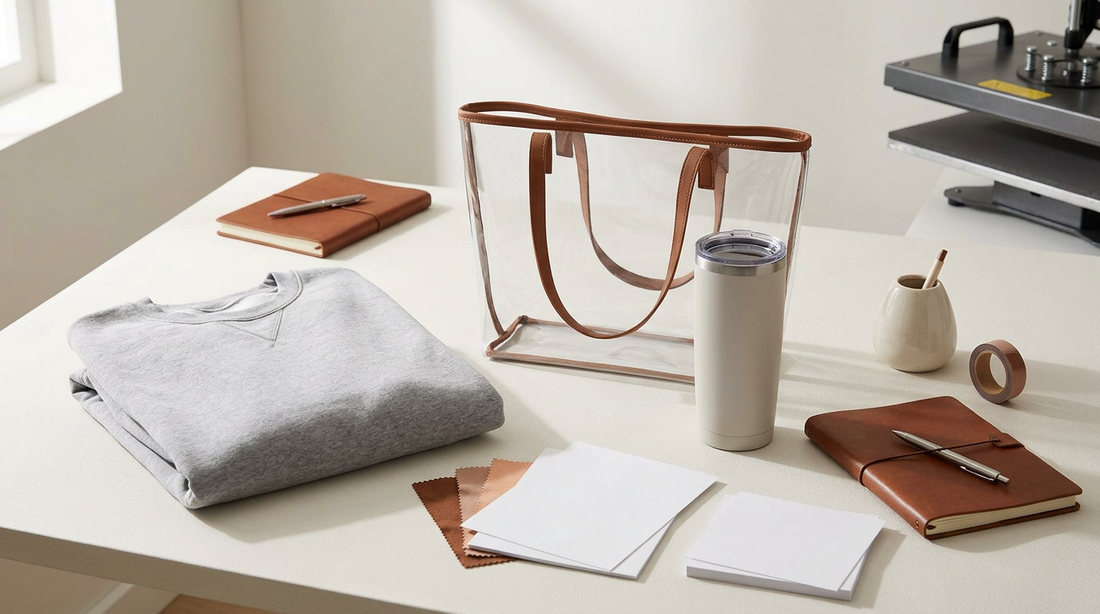 A tidy workspace featuring a blank sweatshirt, a clear stadium bag, and crafting tools for game day apparel.