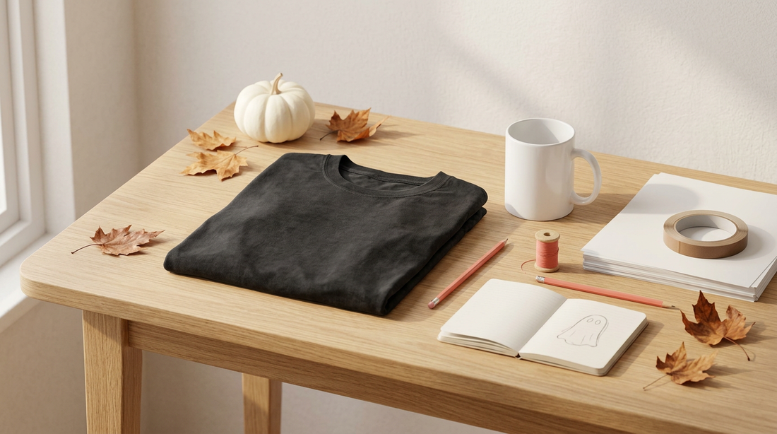 A cozy autumn workspace featuring a blank oversized t-shirt, a ceramic mug, and crafting tools ready for Halloween ghost PNG