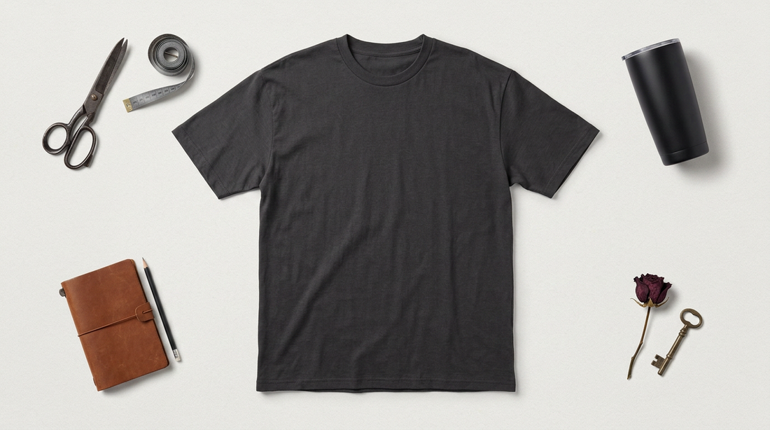 Flat lay of a dark charcoal oversized t-shirt with crafting tools and gothic aesthetic accessories on a neutral workspace.