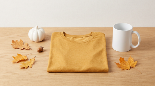 A cozy autumn workspace featuring a folded mustard t-shirt, a blank ceramic mug, and a small white pumpkin.