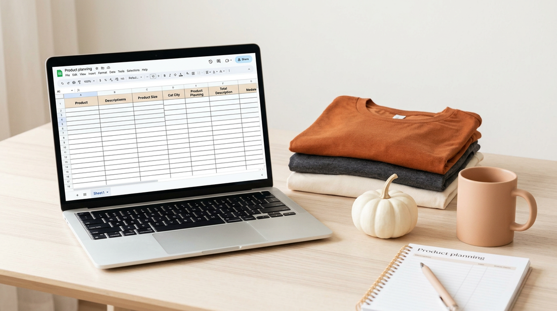 A tidy workspace featuring blank t-shirts, a laptop, and fall props for planning a print-on-demand Halloween apparel line.