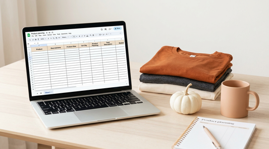 A tidy workspace featuring blank t-shirts, a laptop, and fall props for planning a print-on-demand Halloween apparel line.