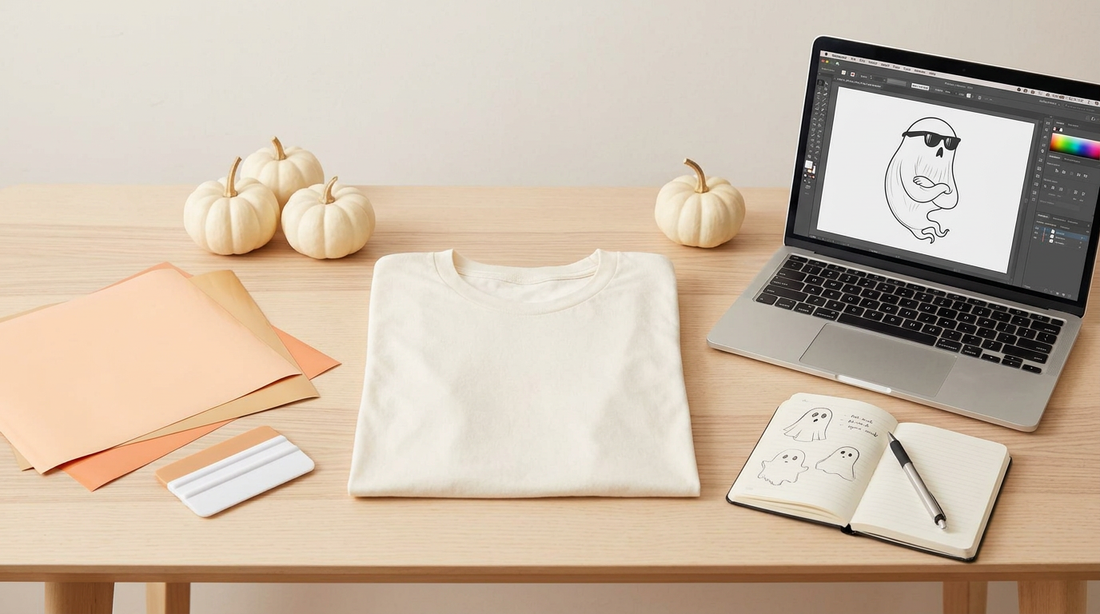 A flat lay of a blank t-shirt surrounded by Halloween props and crafting tools for POD sellers.