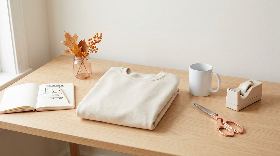 Clean workspace showing a blank sweatshirt, sublimation mug, and crafting tools for fall preparation.