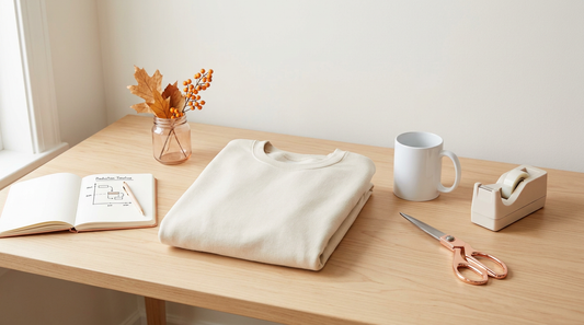 Clean workspace showing a blank sweatshirt, sublimation mug, and crafting tools for fall preparation.