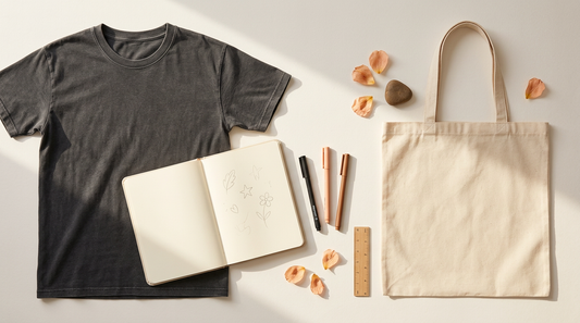 A cozy, aesthetic workspace featuring a blank vintage-wash t-shirt, a sketchbook, and crafting tools on a light neutral desk.
