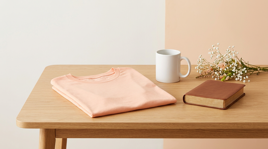 A clean workspace featuring a blank pastel t-shirt, a white mug, and a closed Bible, ready for Easter sublimation projects.