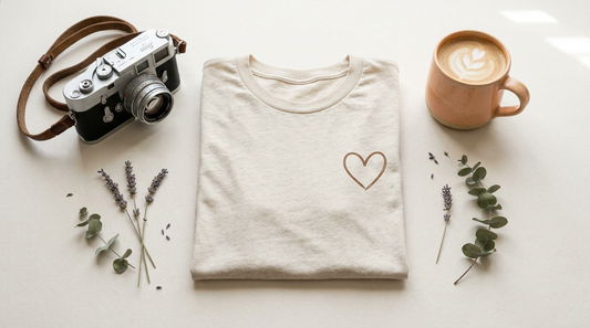 A folded neutral-colored t-shirt featuring a subtle minimalist heart design, surrounded by aesthetic props like a vintage