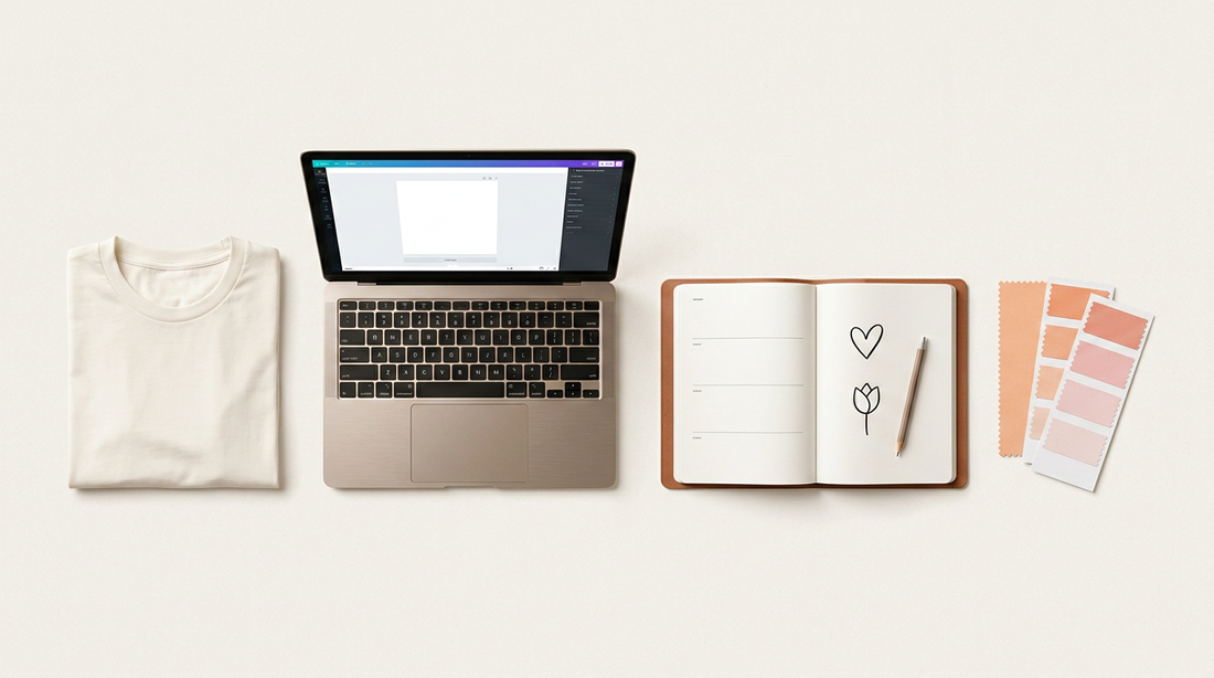 A tidy workspace with a blank t-shirt, color swatches, and a planner for print-on-demand apparel.