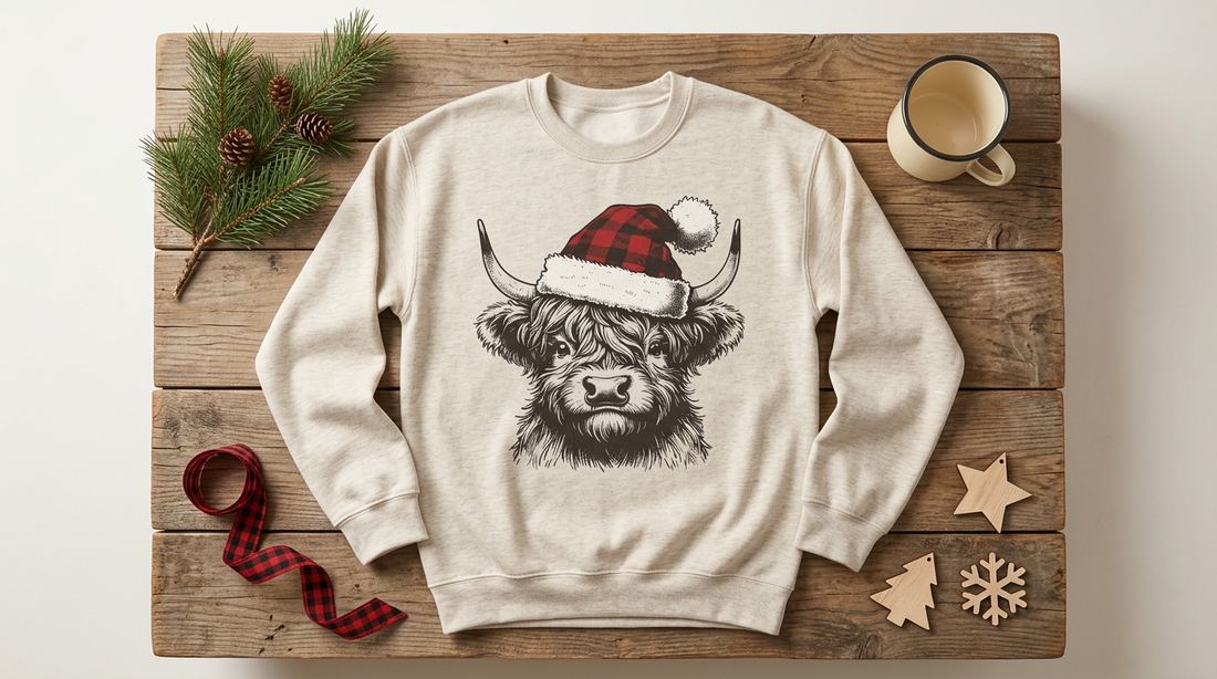 A cozy flat lay featuring a heathered oatmeal sweatshirt with a Highland cow Christmas design, surrounded by rustic farmhouse