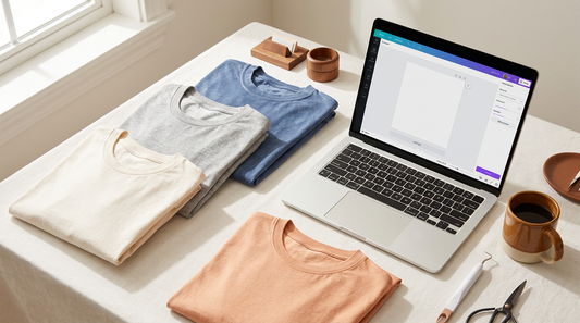 A collection of blank t-shirts and a laptop showing social club PNG designs in a tidy workspace.