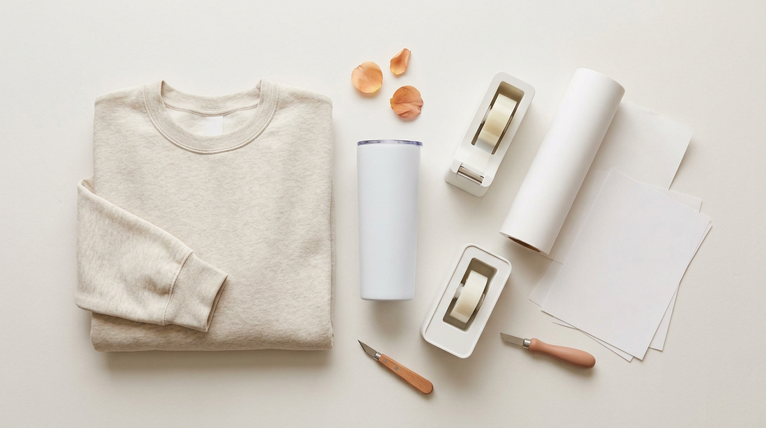 A clean workspace showing print-on-demand apparel prep with a blank sweatshirt, tumbler, and sublimation tools.