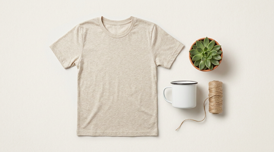 Rustic workspace with blank oatmeal t-shirt, enamel mug, and crafting tools for homestead apparel design.
