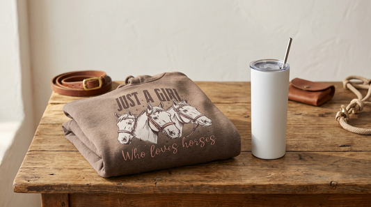 A folded heather brown heavyweight hoodie and a 20oz sublimation tumbler on a rustic wooden table with equestrian props.