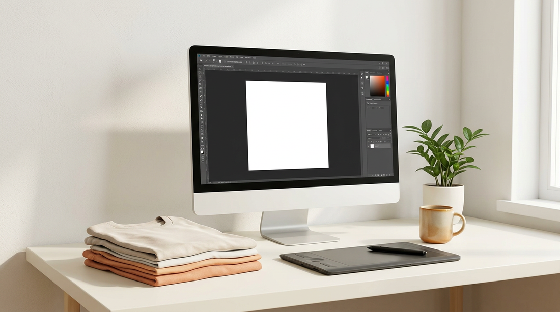 A clean digital workspace showing a computer monitor displaying a graphic design program, surrounded by blank t-shirts and