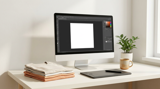 A clean digital workspace showing a computer monitor displaying a graphic design program, surrounded by blank t-shirts and