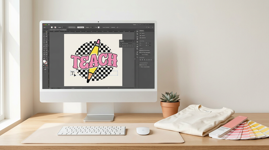 A clean workspace showing a computer screen with a design program adding text to a PNG file, next to blank apparel.