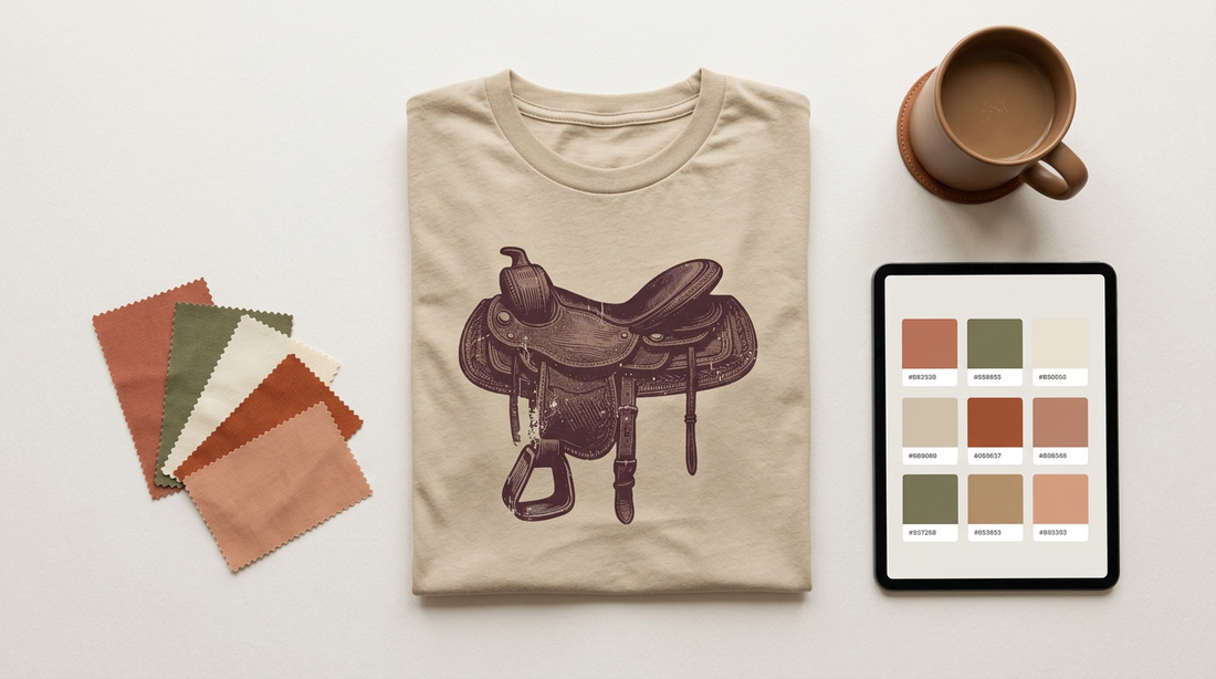 A neat workspace showing a blank sand-colored t-shirt, color swatches, and a tablet displaying a vintage western graphic.