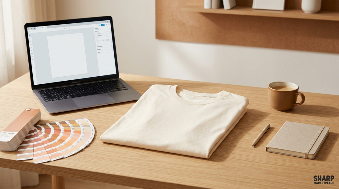 A clean workspace showing a blank folded t-shirt next to a laptop displaying print on demand designs.