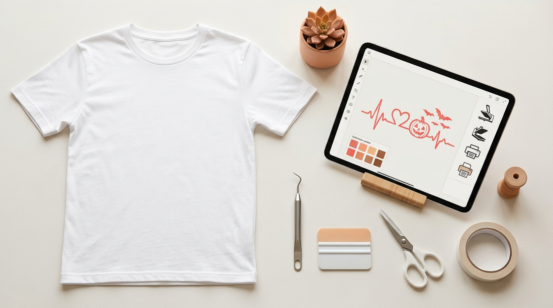 Crafting workspace showing a blank t-shirt, digital tablet, and printing tools on a neutral background