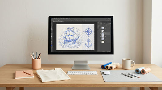 A neat digital workspace showing a tablet and computer screen layering transparent PNG designs for a custom shirt project.
