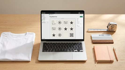 Top-down view of a clean workspace with a laptop showing a digital design layout grid, a blank white t-shirt, and a measuring