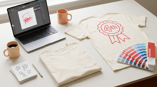 A print-on-demand workspace showing a folded t-shirt with a left-chest design area and another shirt displaying a large back
