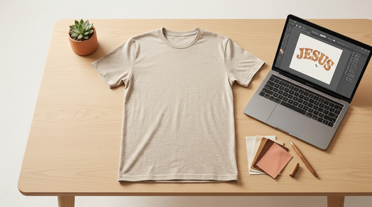 Blank t-shirt laid flat on a wooden table with graphic design software on a laptop, ready for a mockup.