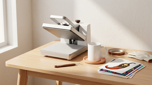 A clean crafting workspace showing a heat press, blank white mug, and vibrant sublimation paper transfers ready to be
