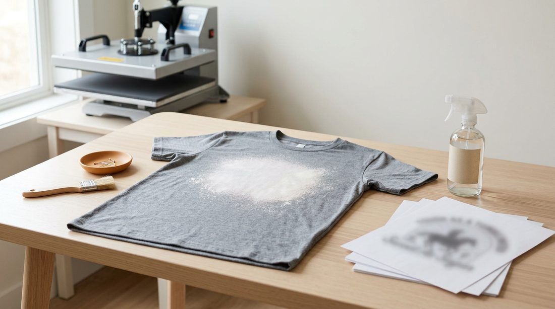 A crafting workspace showing a blank heather-colored t-shirt with a bleached center spot, ready for sublimation.