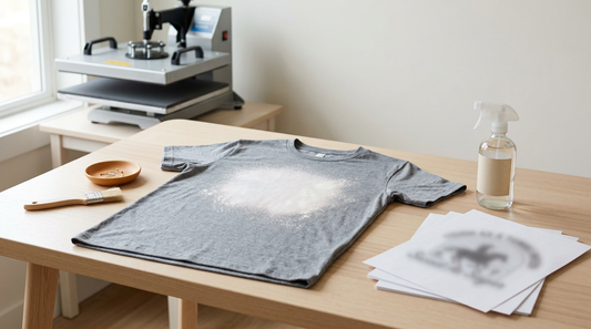 A crafting workspace showing a blank heather-colored t-shirt with a bleached center spot, ready for sublimation.