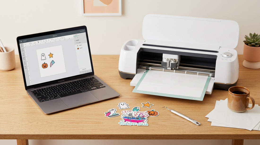 A crafting workspace showing printable vinyl, a cutting machine, and freshly cut custom stickers.
