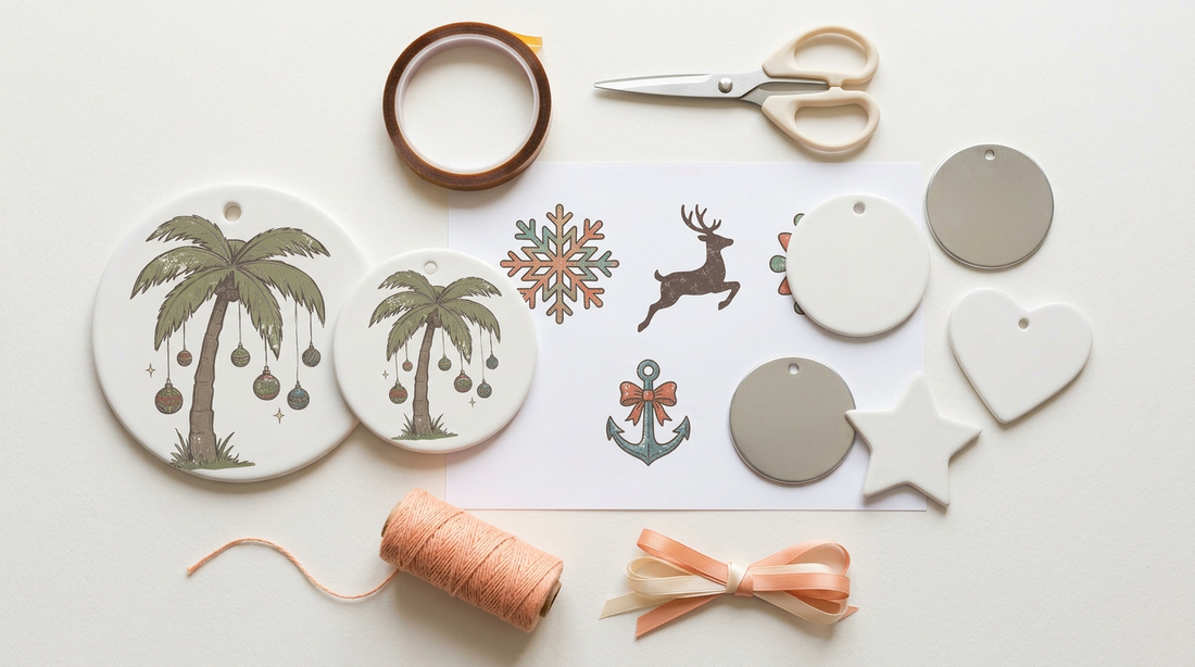 Flat lay of blank sublimation ornaments, heat tape, and printed PNG designs on a craft table.