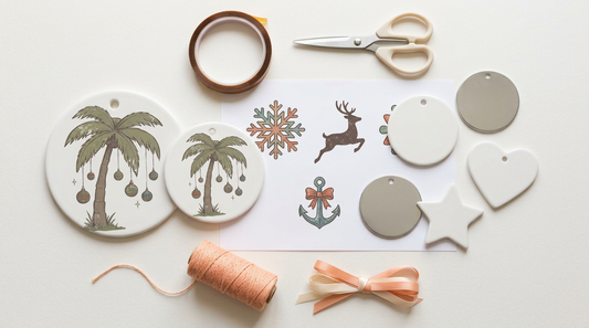 Flat lay of blank sublimation ornaments, heat tape, and printed PNG designs on a craft table.
