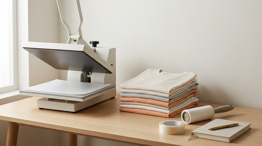 Flat lay of a heat press, blank t-shirts, and crafting tools for making custom apparel with digital designs.