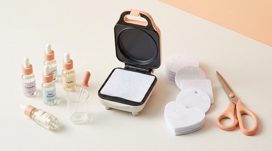 Blank felt air fresheners, a heat press, and crafting supplies on a clean workspace.