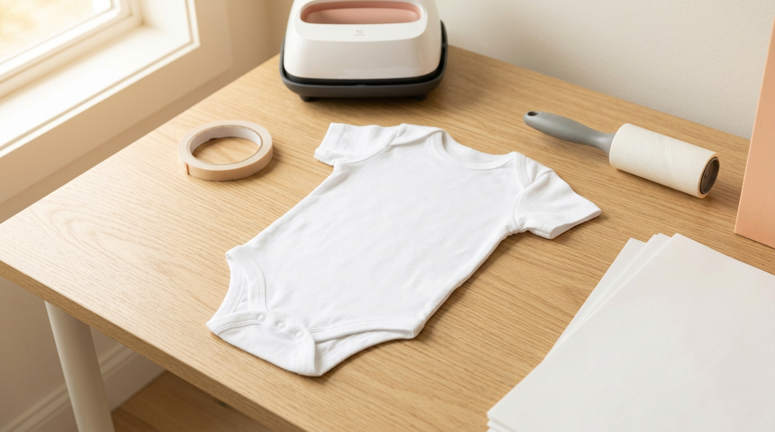 Flat lay of a blank white baby bodysuit, sublimation paper, heat tape, and crafting tools on a clean workspace.