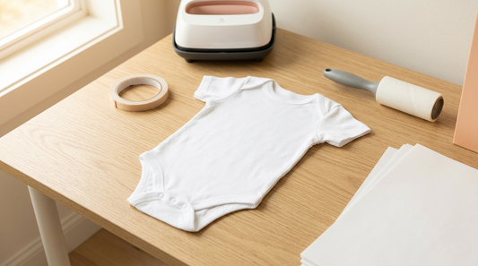 Flat lay of a blank white baby bodysuit, sublimation paper, heat tape, and crafting tools on a clean workspace.